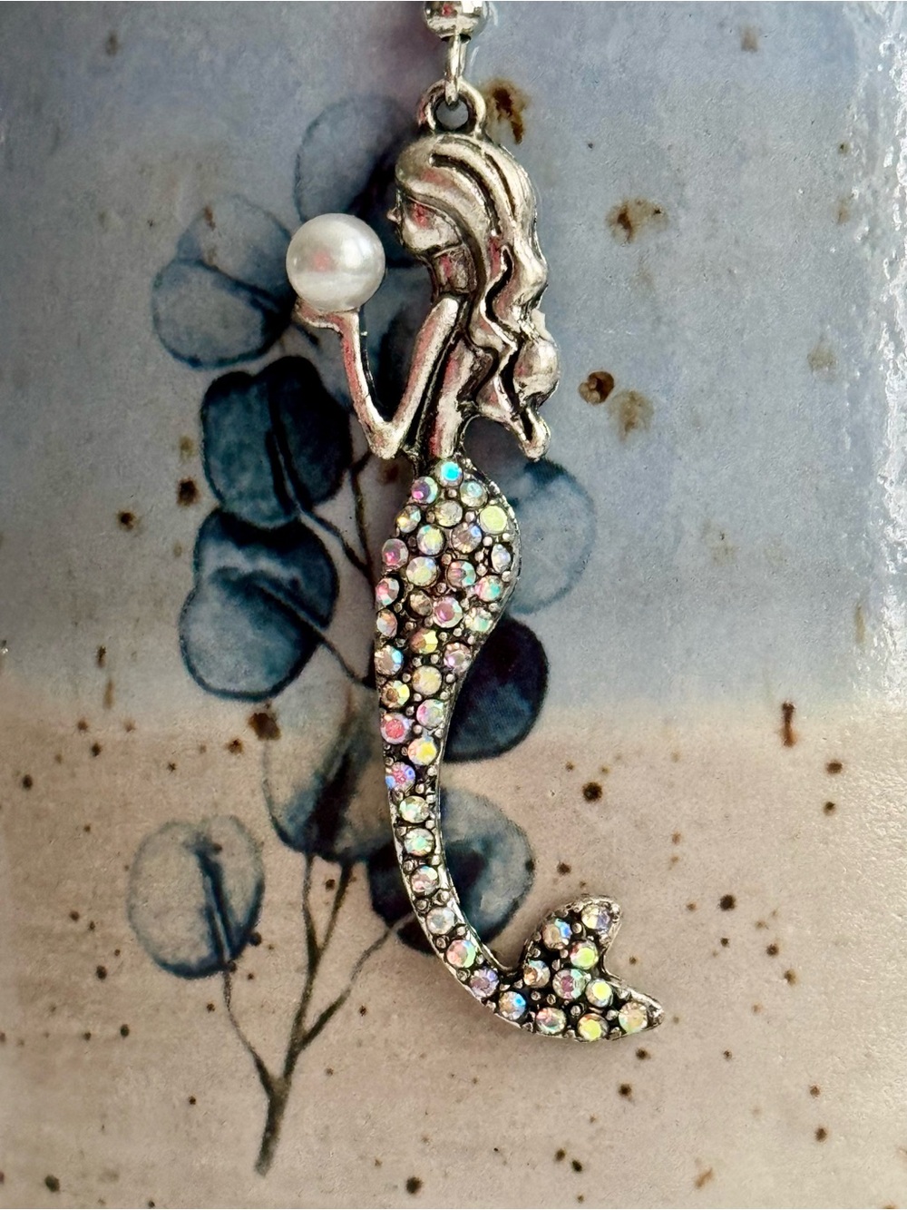 Mermaid Drop Earrings with Iridescent Crystals and Pearl Detail 2.5” long - Picture 3 of 8